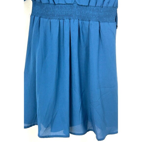Maude Womens Size L Blue Mini Dress Faux Wrap Roll Tab Sleeves Lined Flowy U3 - Picture 8 of 12